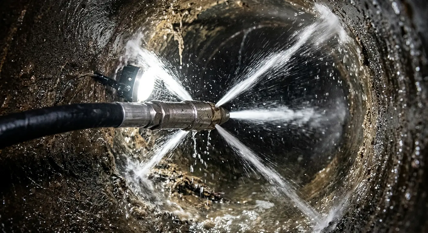 High-pressure hydro jetting nozzle cleaning sewer pipe for Trenchless Sewer Repair in Janesville
