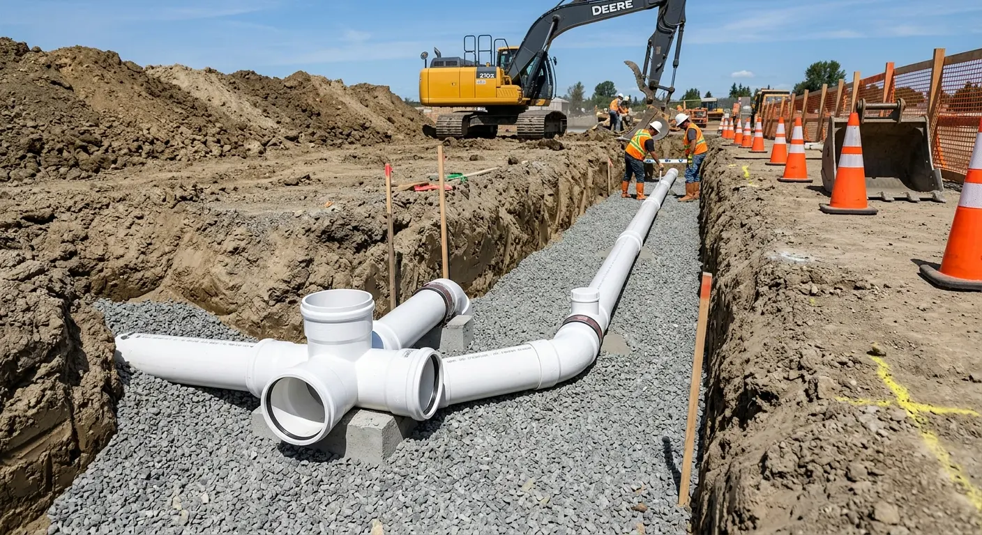New PVC sewer pipe installation in open trench for Sewer Backup in Janesville