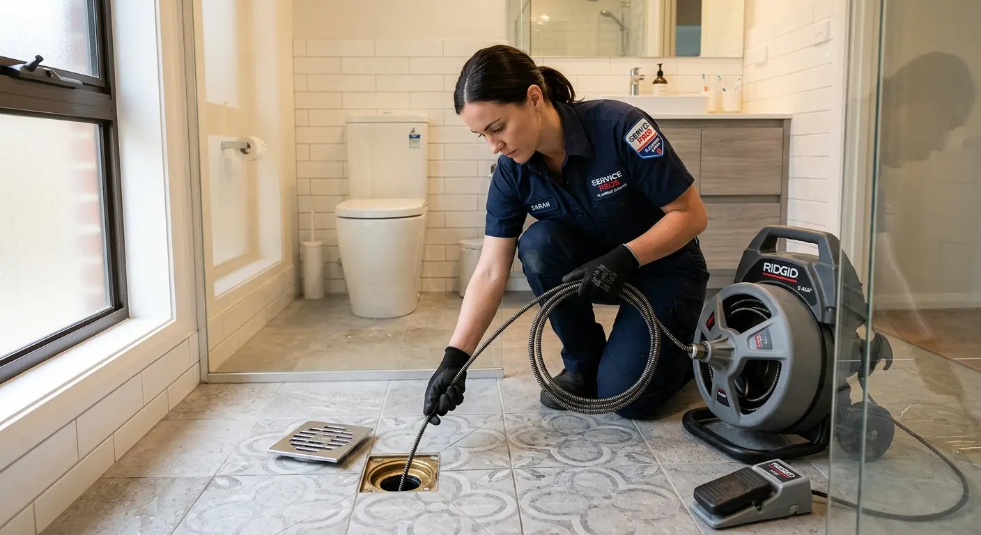 Technician clearing a bathroom floor drain for Sewer Line Replacement in Janesville